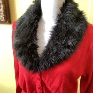 Designers Originals Pretty Red Belted Cardigan, Removable Faux Fur Collar Size S